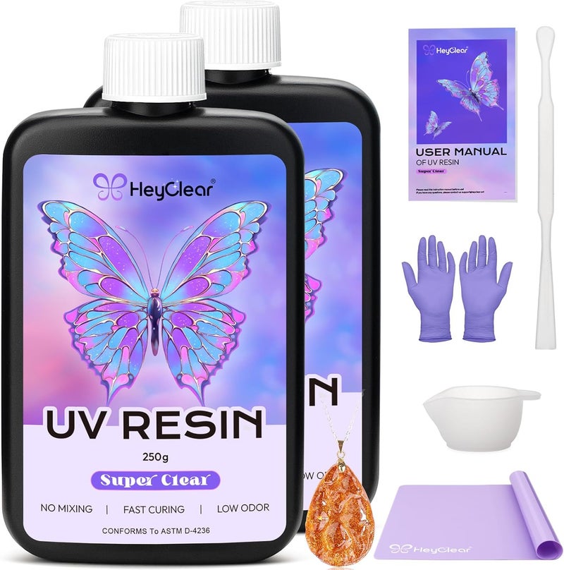 HeyClear 500g UV Resin kit -Crystal Clear, Hard Premixed UV Epoxy Resina para Manualidades Fast Curing with Silicone Mat for Beginners Jewelry Making, DIY Crafts Art, Casting Coating 250g x 2 - Image 1